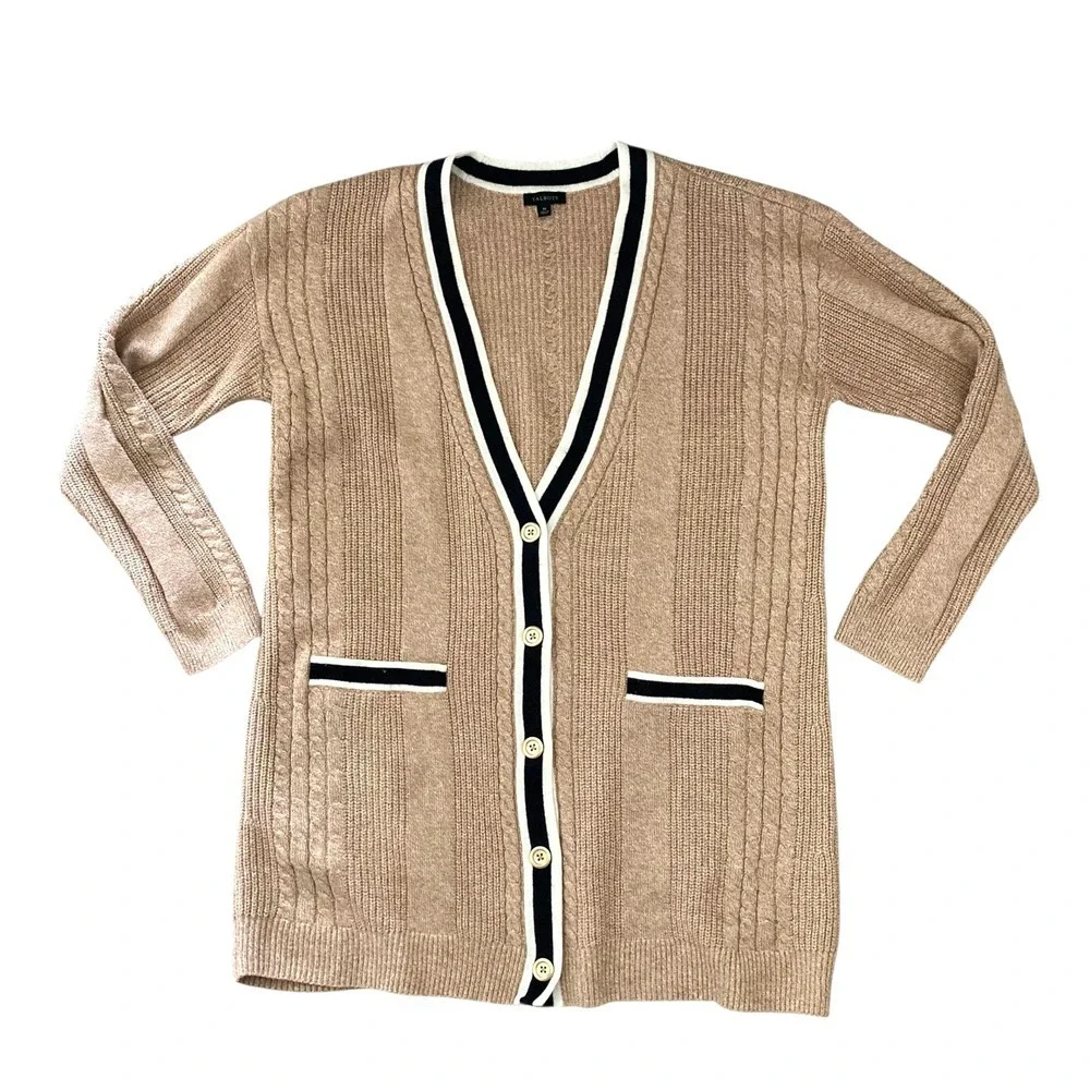 Talbots Cable Knit long Cardigan Sweater Size M Button down Cotton Preppy Tipped - Picture 16 of 17